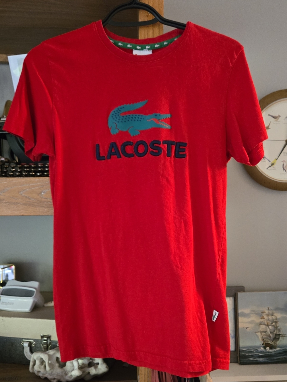 Lacoste Red Short Sleeve Crew Neck T-Shirt with Teal Crocodile Logo